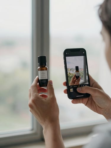 Medium shot of a creator holding a product at chest height, reviewing their own recording on a phone propped beside them, soft overcast daylight from a side window, hands and product in sharp focus, background out of focus