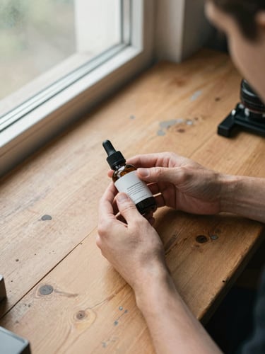 Close overhead shot from the right side — a creator's hands holding a skincare product over a worn wooden desk, natural overcast window light falling from the left, a small camera rig partially visible at the right edge, no faces