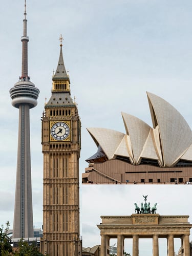 Wide portrait frame, right-side bleed — a row of iconic country landmarks arranged in a clean vertical composite: CN Tower, Big Ben clock face, Sydney Opera House roof detail, and Brandenburg Gate, each photographed in bright even daylight, frontal and architectural, no tourism mood, calm institutional light, architectural precision