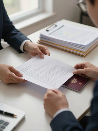 Close-up medium shot of an applicant's hands on a desk arranging official documents and a passport under soft north-facing window light, a consultant's pen visible at the edge of the frame, organised files and a checklist in the background, warm controlled studio daylight, calm and focused atmosphere