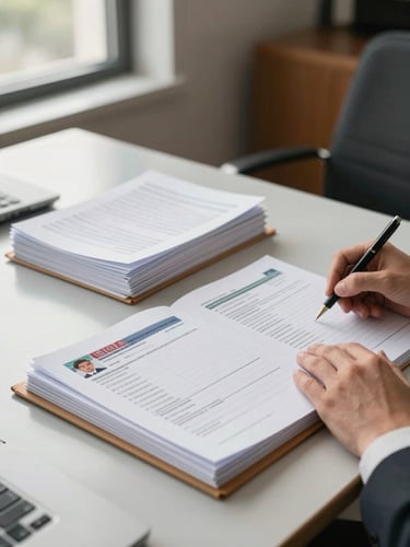 Medium shot of a consultant's desk from slightly above, neat stacks of visa application documents and a manila folder open to a checklist, a hand resting on the papers, warm north-facing daylight from a window to the left, clean institutional office interior in soft focus behind