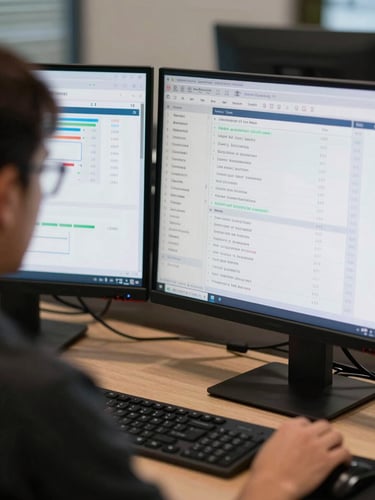 Over-the-shoulder view of a clean financial dashboard on dual monitors, crisp natural daylight, high contrast, focus on sharp metrics
