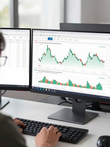 Over-the-shoulder perspective of a modern dual-monitor financial dashboard displaying clean cash-flow timelines, crisp natural daylight, high contrast, minimalist workspace.