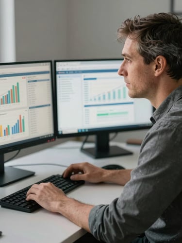 Candid, daylight-lit portrait of the founder working at a clean desk with dual monitors showing financial dashboards, high contrast, unposed perspective.
