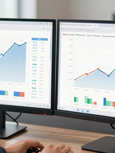 Over-the-shoulder view of a clean financial dashboard displaying cash runway charts on dual monitors under crisp daylight.