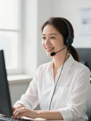A friendly, middle-aged female technician wearing a professional USB headset, smiling warmly in a bright, sunlit clean office, natural daylight, professional high-key photography, shallow depth of field, 35mm
