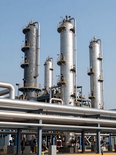Crisp architectural view of a modern chemical processing facility, clean steel pipes, industrial slate gray structures under bright daylight.
