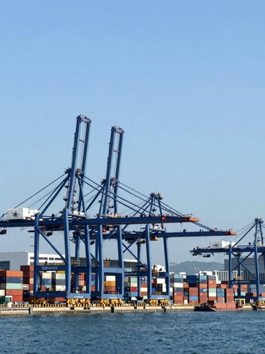 Wide-angle architectural view of a massive modern container terminal in Hong Kong, towering blue gantry cranes, crisp daylight, cool slate-blue tone.