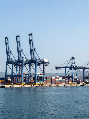 Wide-angle architectural perspective of a modern deep-water port terminal in Hong Kong, towering blue container cranes, crisp daylight, cool industrial slate tones.