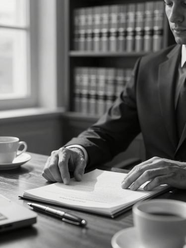 Close environmental shot of a lawyer's desk under natural north-facing window light, hands resting near an open document, coffee cup and pen visible, bookshelves of legal volumes blurred in background, grayscale tones, no faces visible