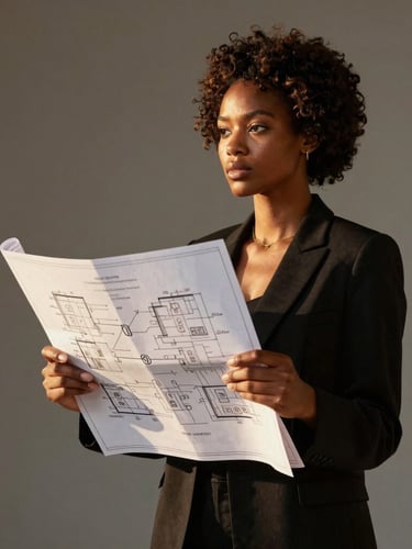 Wide editorial shot of Esther Losoha Bosochi holding technical electrical blueprints, looking confidently towards the horizon, golden hour lighting, clean minimalist background