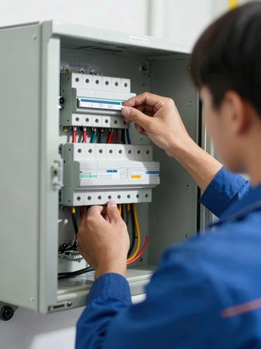 Close-up of a licensed technician in a clean uniform wiring an electrical panel, bright natural daylight, sharp focus, 35mm lens.