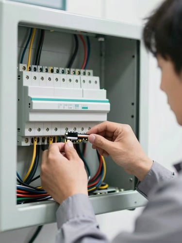 Close-up of a professional technician in a clean uniform wiring an electrical panel, crisp focus, bright daylight, industrial safety tones