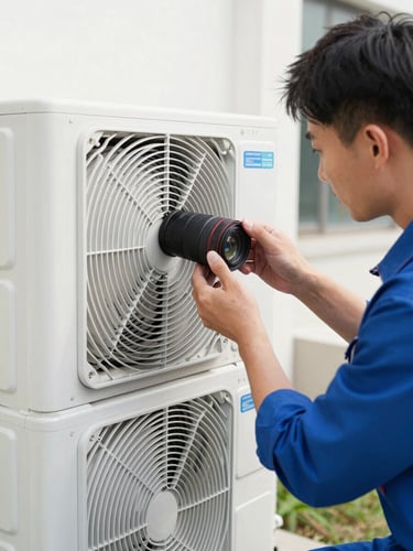 Close-up of a professional technician in a clean uniform repairing a modern HVAC unit, crisp daylight, sharp focus, 35mm lens