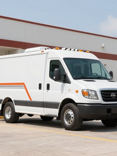 Crisp commercial photography of a clean Caprock service vehicle parked outside a modern Houston commercial facility, bright natural daylight