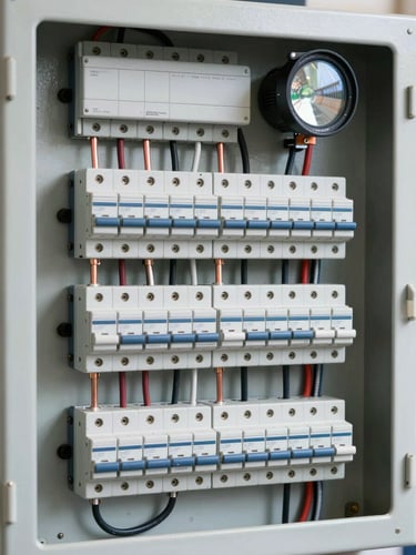 A neatly organized electrical panel with clean copper wiring and circuit breakers, bright industrial work light, sharp focus, 35mm lens