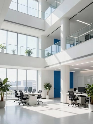 High-exposure corporate photography of a bright, sunlit modern office atrium with clean glass lines and professional atmosphere, 35mm lens
