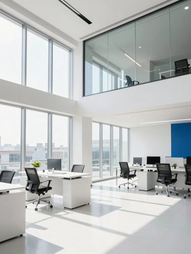 Wide shot of a high-exposure corporate office, clean glass walls, bright natural daylight streaming through large windows, modern minimalist furniture, 35mm lens