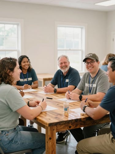 Warm editorial photo of a diverse group of community volunteers and leaders sitting together around a rustic wooden table in a bright, naturally lit Indiana community center, smiling and planning an outreach event, 35mm.