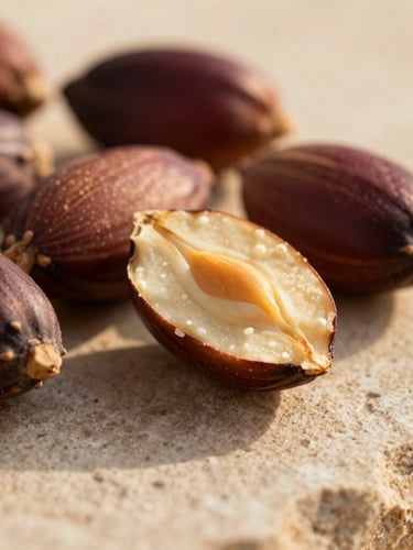 Macro close-up of raw argan nuts and prickly pear seeds resting on textured beige stone, warm low-angle golden hour light, shallow depth of field, 35mm