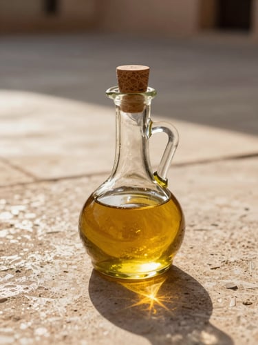 An elegant glass bottle of oil reflecting low-angle golden hour light on a textured stone surface, warm Moroccan shadows.