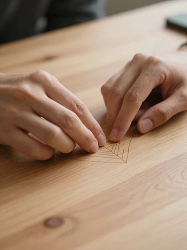 Macro shot of hands tracing a subtle geometric pattern on a clean wooden table, soft warm light leaks, cinematic 21:9 composition.