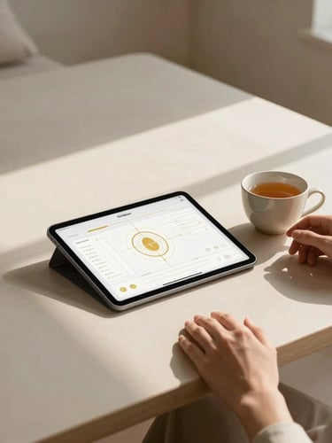 Wide panoramic view of a minimalist, sunlit wellness studio workspace. Hands gently rest next to a tablet displaying clean, elegant golden UI wireframes and a ceramic cup of tea. Soft morning light casts long, delicate shadows.