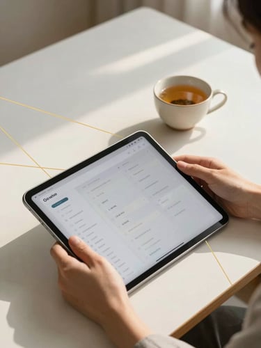 A minimalist workspace bathed in soft, warm natural light. Hands hold a tablet displaying a clean, elegant dashboard next to a ceramic cup of herbal tea. Subtle golden geometric lines are overlaid gently on the scene, creating a mystic yet highly professional atmosphere.