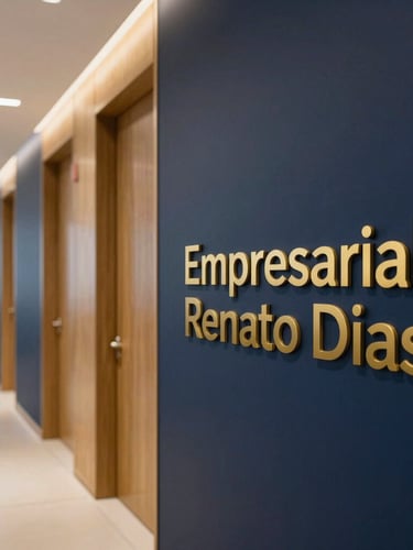 Interior shot of a modern, secure office corridor in Empresarial Renato Dias, with clean lines, deep navy and warm gold accents, professional office lighting, sharp focus, 50mm lens.