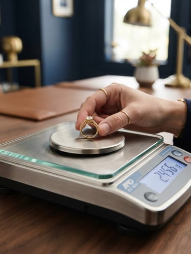 Close-up of a precision scale weighing a gold ring, with a hand gently adjusting it, in a bright, clean office with deep navy and warm gold tones. Professional macro photography, sharp focus, 50mm lens.