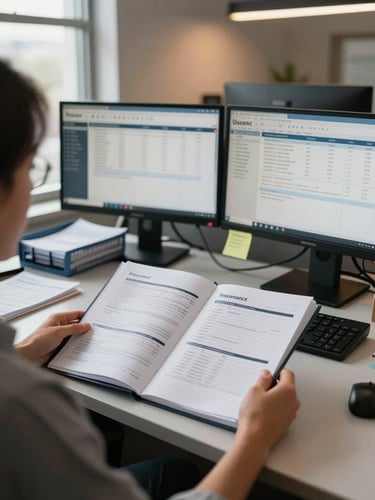 Over-the-shoulder wide shot of a billing specialist at a desk reviewing a thick folder of insurance claim documents, dual monitors showing claim status dashboards, soft office daylight from a window on the left side, organized paper trays and sticky notes visible in the mid-ground, warm ambient overhead light, documentary style