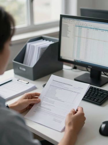 Over-the-shoulder view of a billing specialist at a wide desk reviewing printed claim documents under soft ambient office window light, hands resting on a stack of papers, dual monitors visible in the background showing spreadsheet data, organized filing trays in frame