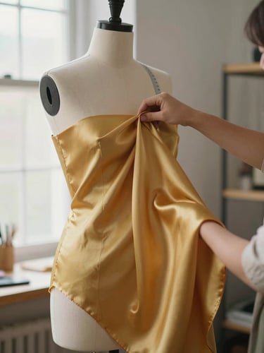 Warm editorial photo of a tailor draping rich marigold silk over a dress form, soft natural window light, shallow depth of field, 35mm