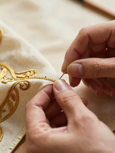 Macro close-up of a tailor's hands guiding a needle through heavy gold-embroidered silk, high-contrast, warm workshop light, 35mm