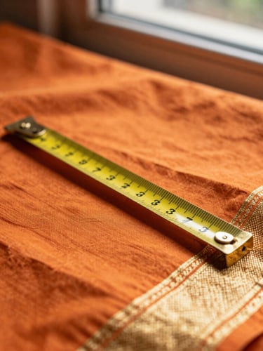 Macro close-up of a brass measuring tape resting over rich, vibrant orange Paithani silk fabric with gold zari border, warm natural window light, shallow depth of field