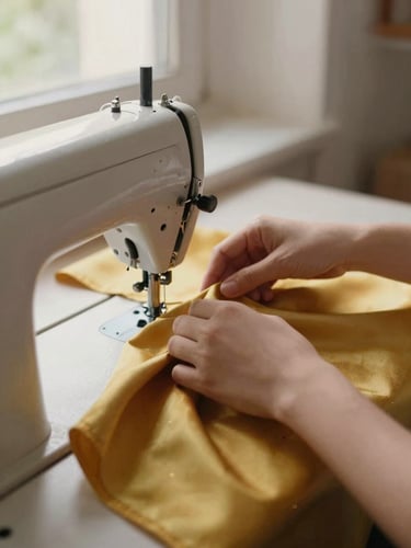 Close-up of hands guiding rich marigold silk fabric through a vintage sewing machine, warm natural workshop light filtering through windows, shallow depth of field, 35mm