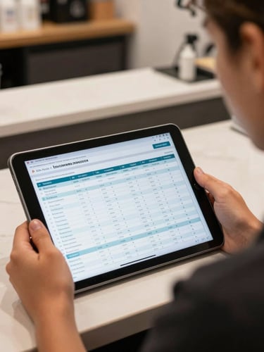 Over-the-shoulder shot of a local business owner in São Paulo looking at a clean financial spreadsheet on a tablet, natural indoor store lighting, soft background of a retail counter, highly realistic.
