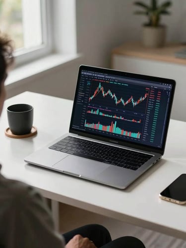 Over-the-shoulder view of a clean modern desk with a laptop displaying a colorful financial dashboard, bright natural daylight from a side window, organized workspace