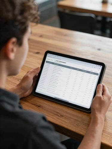 Over-the-shoulder shot of a restaurant owner looking at a clean sales dashboard on a tablet resting on a wooden countertop, natural daylight, sharp focus.