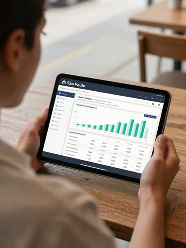 Over-the-shoulder shot of a small business owner looking at a clean financial dashboard on a tablet in a bright São Paulo cafe