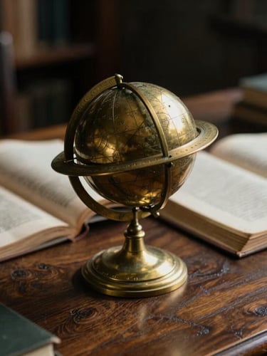 A close-up of a vintage brass armillary sphere on a dark wooden desk, soft dramatic library light casting long shadows across open ancient manuscripts, 35mm film texture.