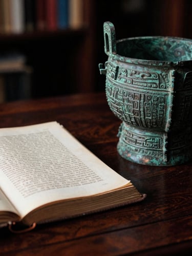 A close-up of an ancient Chinese bronze vessel next to a classical Western leather-bound manuscript on a dark mahogany table, dramatic side library lighting, 35mm film texture