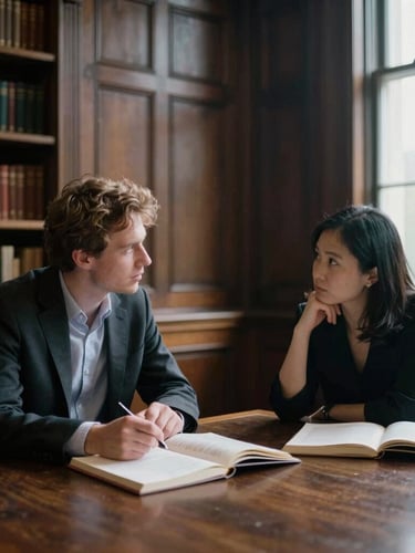 Two scholars, one of Western descent and one of East Asian descent, engaged in earnest discussion in a grand wood-paneled university library, soft window light, thoughtful editorial photography