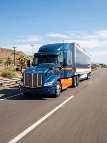 Wide-angle highway tracking shot of a modern, clean semi-truck on a bright, sunny regional highway, low angle, deep blue and safety orange accents, 35mm