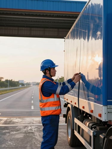Professional driver in safety gear checking strapped freight on a secure loading dock at golden hour, low horizon, sharp commercial photography