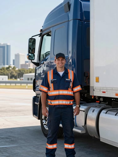 Professional truck driver in safety gear, smiling, standing beside a modern semi-truck at a loading dock in bright daylight, Pensacola skyline in background.