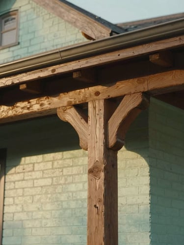 Close-up architectural detail of a restored historic craftsman home, showcasing detailed wood joinery and classic brickwork, soft natural side lighting, warm tones