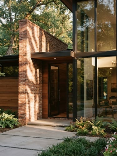 Wide-angle architectural detail of a modern home facade in Myers Park, soft golden-hour light casting long shadows across clean brick and glass, 35mm photography.