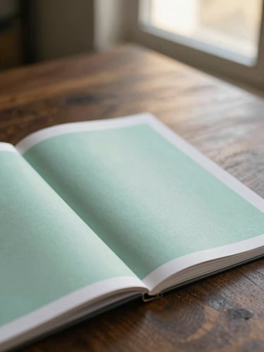 Tight editorial close-up of a printed layout on a dark wooden table, soft natural light from a window, shallow depth of field, minimalist aesthetic.