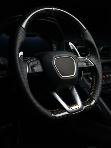 Low-angle close-up of a luxury steering wheel with gold stitching, dramatic low-key studio lighting, metallic highlights, dark moody tones